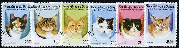 Guinea - Conakry 1998 Domestic Cats complete perf set of 6 values, cto used*, stamps on cats