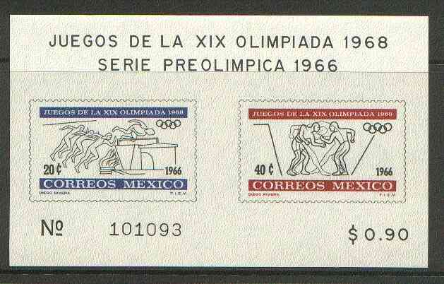 Mexico 1965 Olympic Games (2nd Issue - Postage) imperf m/sheet showing Running & Jumping & Wrestling, unmounted mint SG MS 1123, stamps on olympics, stamps on running, stamps on jumping, stamps on wrestling