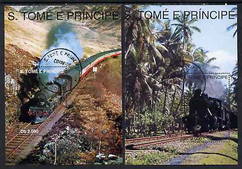St Thomas & Prince Islands 1998 Railways set of 2 perf miniature sheets cto used, stamps on railways