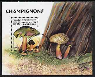 Cambodia 1997 Mushrooms perf miniature sheet containing 5400R value cto used, stamps on fungi