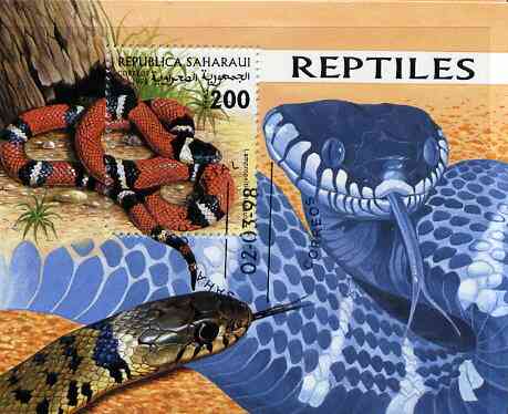 Sahara Republic 1998 Reptiles (Snakes) perf miniature sheet containing 200 value cto used, stamps on , stamps on  stamps on reptiles       snakes, stamps on  stamps on snake, stamps on  stamps on snakes, stamps on  stamps on 