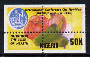 Nigeria 1992 Conference on Nutrition - 50k (Fruit & Vegetables) unmounted mint with vert & horiz perfs misplaced (divided along margins so stamp is quartered)*, stamps on food  fruit