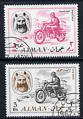 Ajman 1967 Motorcyclist (3Dh & 3R cto used from Transport perf set of 14) Mi 129 & 138*, stamps on motorbikes