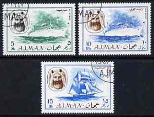 Ajman 1967 Ships (5Dh, 15Dh & 10R cto used from Transport perf set of 14) Mi 131, 132 & 140*, stamps on ships