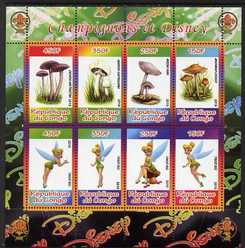 Congo 2010 Disney & Mushrooms perf sheetlet containing 8 values with Scout Logo unmounted mint, stamps on disney, stamps on films, stamps on cinema, stamps on movies, stamps on cartoons, stamps on scouts, stamps on fungii