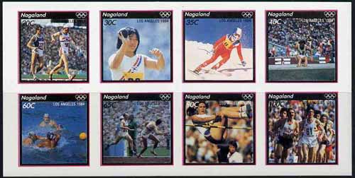 Nagaland 1984 Los Angeles Olympic Games imperf sheetlet containing complete set of 8 values unmounted mint, stamps on olympics    walking    shot    skiing    long jump      water polo     relay    high jump