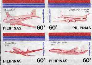 Philippines 1986 45th Airline Anniversary imperf se-tenant block of 4 x 60s on ungummed wmk'd paper, as SG 1947-50, stamps on aviation     douglas     vickers