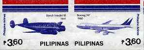 Philippines 1986 45th Airline Anniversary imperf se-tenant pair (2 x 3p60) on ungummed wmk'd paper, as SG 1955-56, stamps on aviation, stamps on beech, stamps on boeing, stamps on 747