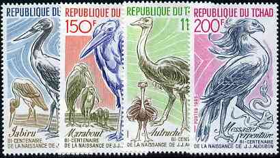 Chad 1985 John Audubon Birth Bicentenary unmounted mint set of 4 Birds, SG 794-97, stamps on birds    audubon     stork      ostrich     secretary    snakes, stamps on snake, stamps on snakes, stamps on 