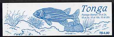Tonga 1990 Marine Life 4$90 booklet (SG SB3d) front cover showing Holocentrus ruber (horiz striped fish) each pane handstamped WSP Ltd SPECIMEN across each pair of stamps..., stamps on fish, stamps on shells, stamps on marine-life