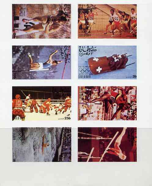 Oman 1976 Montreal Olympics Games perf set of 8 values complete unmounted mint, stamps on sport   olympics   sprinting    running    pole vault    bobsled     gymnastics    ice hockey    canoeing     , stamps on  gym , stamps on gymnastics, stamps on 