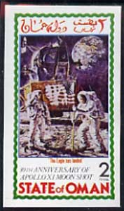 Oman 1979 10th Anniversary of Moon Landing imperf  souvenir sheet (2R value) unmounted mint, stamps on space, stamps on apollo