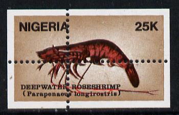 Nigeria 1988 Shrimps 25k unmounted mint single with superb misplacement of vertical & horiz perfs (divided along margins so stamp is quartered)*, stamps on food   marine-life