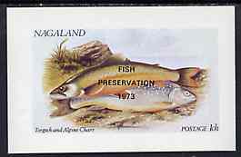 Nagaland 1972 Fish (Torgoch & Char) imperf souvenir sheet optd FISH PRESERVATION 1973, unmounted mint, stamps on fish     marine-life