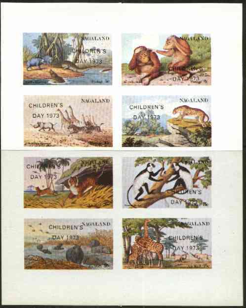 Nagaland 1973 African Wild Animals (Zebra, Giraffe, Crocs, Apes, etc) imperf set of 8 values opt'd CHILDRENS DAY 1973 unmounted mint, stamps on , stamps on  stamps on animals     apes    giraffe    zebra    leopard     tigers     children
