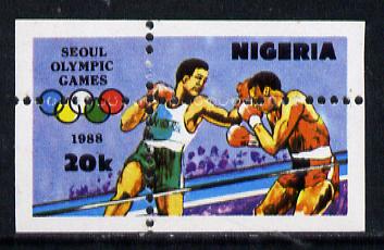 Nigeria 1988 Seoul Olympic Games 20k (Boxing) with spectacular misplaced perfs error (divided along margins so stamp is quartered) unmounted mint SG 566, stamps on boxing  sport  varieties    olympics