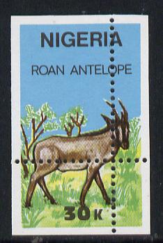 Nigeria 1990 Wildlife - Roan Antelope 30k unmounted mint with horiz & vert perfs misplaced (divided along margins so stamp is quartered)*, stamps on animals, stamps on antelope