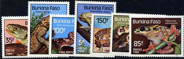 Burkina Faso 1985 Reptiles & Amphibians complete set of 7 unmounted mint, SG 773-79, Mi 1005-11*, stamps on animals     reptiles     snakes    frogs     tortoise, stamps on snake, stamps on snakes, stamps on 