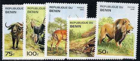 Benin 1995 Mammals complete set of 5, SG 1315-19, Mi 691-95 unmounted mint*, stamps on animals    cats    lion    buffalo    bovine     apes     squirrel