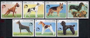 Cuba 1992 Dogs complete set of 7 unmounted mint, SG 3708-14, Mi 3558-64*, stamps on dogs, stamps on boxer, stamps on dane, stamps on  gsd , stamps on doberman, stamps on dachshunds, stamps on poodle, stamps on fox terriers