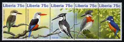 Liberia 1996 Kingfishers unmounted mint se-tenant strip of 5, stamps on birds, stamps on kingfisher