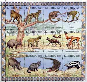 Liberia 1996 Animals perf sheetlet containing complete set of 12 values unmounted mint, stamps on animals     apes      leopard    cats     dogs     gazelle      croc    polecat     reptiles
