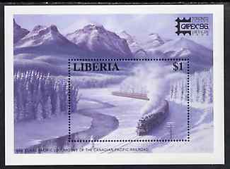Liberia 1995 Capex 96 Stamp Exhibition unmounted mint m/sheet showing Canadian Pacific Railroad, Mi BL 148, stamps on stamp exhibitions, stamps on railways