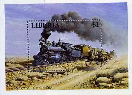 Liberia 1995 Locomotives $1 m/sheet (4-4-0 Loco No. 11 Reno with Stage Coach alongside) unmounted mint, stamps on railways     horses       wild-west      americana  , stamps on wild west