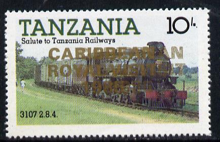 Tanzania 1985 Locomotive 3107 10s value (SG 431) unmounted mint perforated proof single with 'Caribbean Royal Visit 1985' opt in gold doubled, stamps on , stamps on  stamps on railways, stamps on royalty, stamps on royal visit