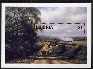 Liberia 1994 Locomotives $1 m/sheet (GWR 0-6-0 Pannier Tank Loco in rural setting) unmounted mint, stamps on railways      cattle    bovine