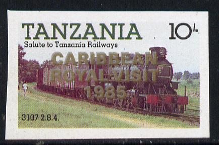 Tanzania 1985 Locomotive 3107 10s value (SG 431) unmounted mint imperf proof single with 'Caribbean Royal Visit 1985' opt doubled, one in silver, one in gold, stamps on railways, stamps on royalty, stamps on royal visit