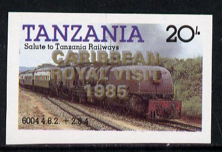 Tanzania 1985 Locomotive 6004 20s value (SG 432) unmounted mint imperf proof single with 'Caribbean Royal Visit 1985' opt doubled, one in silver, one in gold, stamps on railways, stamps on royalty, stamps on royal visit, stamps on big locos