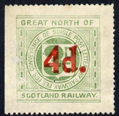 Cinderella - Great Britain 1925 Great North of Scotland Railway 4d in red on 3d green letter stamp (disturbed gum)*, stamps on railways, stamps on cinderella, stamps on scots, stamps on scotland