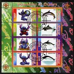 Congo 2010 Disney & Dolphins perf sheetlet containing 8 values with Scout Logo fine cto used, stamps on , stamps on  stamps on disney, stamps on  stamps on films, stamps on  stamps on cinema, stamps on  stamps on movies, stamps on  stamps on cartoons, stamps on  stamps on scouts, stamps on  stamps on dolphins