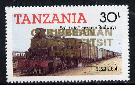 Tanzania 1985 Locomotive 3129 30s value (SG 433) unmounted mint perforated proof single with Caribbean Royal Visit 1985 opt in gold doubled, stamps on railways, stamps on royalty, stamps on royal visit
