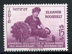 India 1963 Declaration of Human Rights (Eleanor Roosevelt at Spinning Wheel) SG 478 unmounted mint*                                                                                                                                                                       , stamps on women, stamps on human rights, stamps on textiles, stamps on spinning