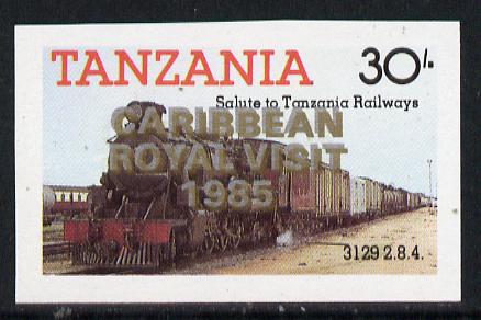 Tanzania 1985 Locomotive 3129 30s value (SG 433) unmounted mint imperf proof single with 'Caribbean Royal Visit 1985' opt doubled, one in silver, one in gold, stamps on railways, stamps on royalty, stamps on royal visit