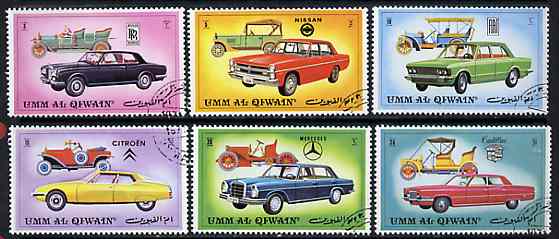 Umm Al Qiwain 1972 Cars (Vintage & Modern) set of 6 cto used, Mi 637-42 , stamps on cars     nissan      fiat      mercedes     citroen     rolls royce     cadillac