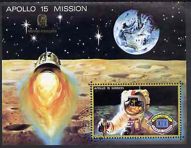 Umm Al Qiwain 1972 Apollo 15 imperf m/sheet (Astronaut & Moon surface) optd for Anniversary of Keplers Birth, cto used, Mi BL 43B, stamps on science    space     kepler      astronomy