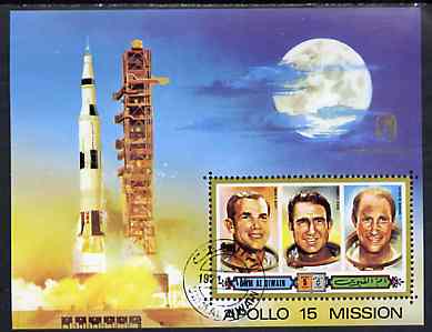 Umm Al Qiwain 1972 Apollo 15 imperf m/sheet (Astronauts & rockert Launch) opt'd for Anniversary of Kepler's Birth, cto used, Mi BL 44B, stamps on science    space     kepler       astronomy
