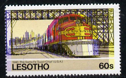 Lesotho 1984 Railways of the World 60s Santa Fe Super Chief with superb shift of red and blue unmounted mint (as SG 608), stamps on railways  varieties