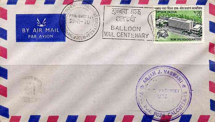 India 1970 airmail cover bearing 20p stamp with special 'Balloon Mail Centenary' Commemorative cancel, stamps on aviation    balloons