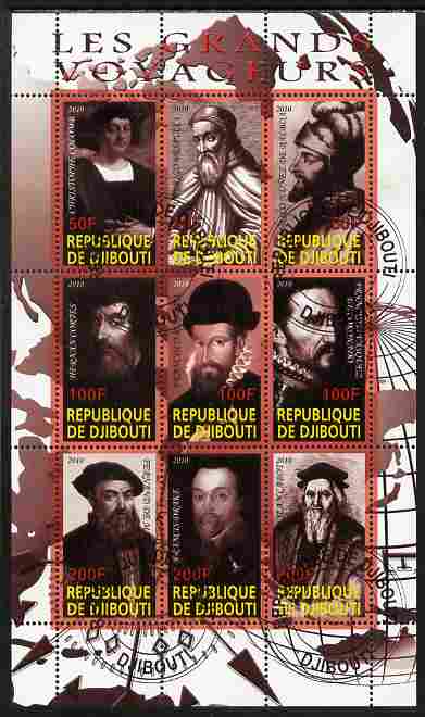 Djibouti 2010 Great Explorers #3 perf sheetlet containing 9 values fine cto used, stamps on personalities, stamps on explorers, stamps on columbus, stamps on balbao, stamps on cortes, stamps on drake, stamps on cabot