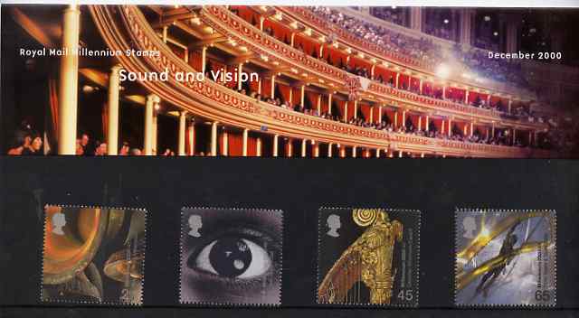 Great Britain 2000 Millennium Projects #12 - Sound & Vision set of 4 in official presentation pack SG 2174-77, stamps on eyes, stamps on bells, stamps on harp, stamps on music, stamps on optics, stamps on millennium