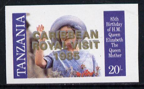 Tanzania 1985 Life & Times of HM Queen Mother 20s (SG 426) unmounted mint imperf proof single with 'Caribbean Royal Visit 1985' opt doubled, one in silver, one in gold*, stamps on royalty, stamps on royal visit , stamps on queen mother