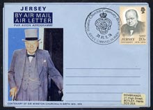 Jersey 1974 Churchill Centenary Airletter form inscribed JERSEY bearing Great Britain 20p Churchill stamp with special commemorative cancel, stamps on churchill, stamps on personalities