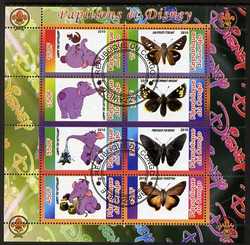Congo 2010 Disney & Butterflies #1 perf sheetlet containing 8 values with Scout Logo fine cto used, stamps on disney, stamps on films, stamps on cinema, stamps on movies, stamps on cartoons, stamps on scouts, stamps on butterflies