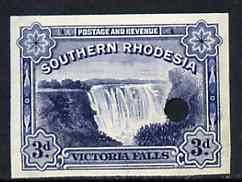 Southern Rhodesia 1935 Victoria Falls 3d blue imperf proof with tiny security punch hole, ex Waterlow & Sons archive proof sheet as used for checking and correcting, therefore slight soiling and creasing*, stamps on , stamps on  kg5 , stamps on  kg6 , stamps on waterfalls, stamps on livingstone, stamps on scots, stamps on scotland