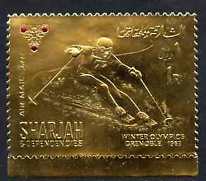 Sharjah 1968 Winter Olympics 1r (Skiing) perf embossed in gold foil with symbol embellished in red unmounted mint, Mi 464A, stamps on sport   skiing    olympics