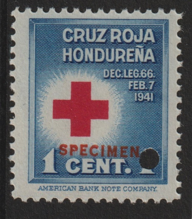 Honduras 1941 Obligatory Tax - Red Cross 1c blue & red unmounted mint optd SPECIMEN with security punch hole (ex ABN Co archives) SG 409*, stamps on red cross     medical